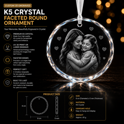 Personalized faceted crystal round ornament with custom laser engraved family portrait, brilliant crystal clarity, and elegant hanging display