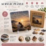 Custom UV printed acrylic puzzle with 10 pieces featuring personalized artwork, glossy finish, vibrant colors, and premium acrylic construction.