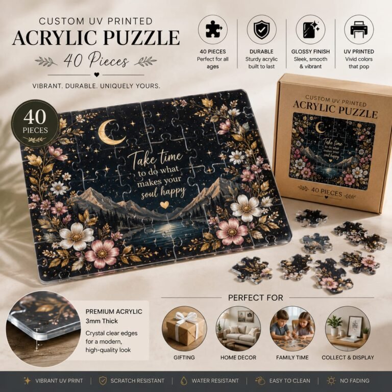 Custom UV printed acrylic puzzle with 40 pieces featuring personalized artwork, glossy finish, vibrant colors, and premium acrylic construction.