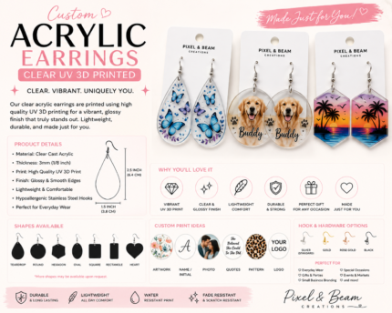 Custom UV printed clear acrylic earrings with personalized photos, pet portraits, artwork, names, logos, and colorful custom designs.
