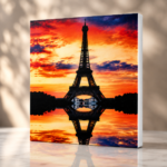 Eiffel Tower Sunset Reflection canvas wall art featuring a dramatic Paris sunset with vibrant mirrored reflections and premium UV printed detail.