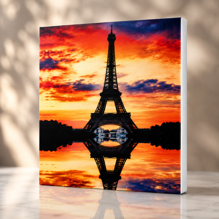 Eiffel Tower Sunset Reflection canvas wall art featuring a dramatic Paris sunset with vibrant mirrored reflections and premium UV printed detail.