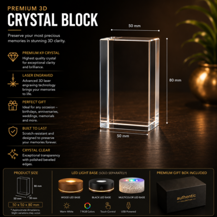 Personalized K9 crystal block 50x50x80mm with custom laser engraved family photo, premium crystal keepsake gift for anniversaries, weddings, memorials, and special occasions.