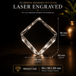 Personalized 3D crystal diamond crafted from premium K9 crystal featuring custom laser engraved photos, portraits, memorials, and keepsakes in a 50x50x50mm crystal block, perfect for anniversary gifts, memorial gifts, wedding gifts, and personalized crystal keepsakes.