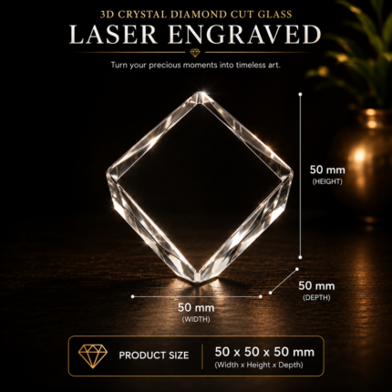 Personalized 3D crystal diamond crafted from premium K9 crystal featuring custom laser engraved photos, portraits, memorials, and keepsakes in a 50x50x50mm crystal block, perfect for anniversary gifts, memorial gifts, wedding gifts, and personalized crystal keepsakes.