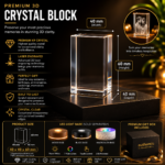 Custom 3D crystal block 40x40x60mm made from premium K9 crystal with personalized laser engraved photo, custom crystal keepsake gift, memorial crystal, anniversary gift, wedding gift, and LED display base options.