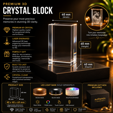 Custom 3D crystal block 40x40x60mm made from premium K9 crystal with personalized laser engraved photo, custom crystal keepsake gift, memorial crystal, anniversary gift, wedding gift, and LED display base options.