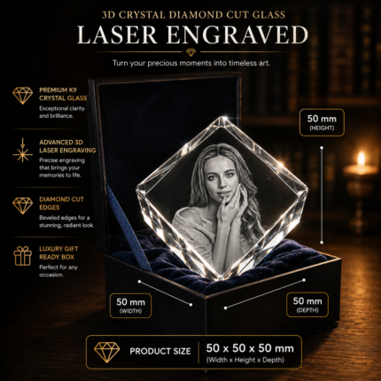 Personalized 3D crystal diamond 50x50x50mm crafted from premium K9 crystal featuring custom laser engraved photos, portraits, memorials, and keepsakes with diamond cut edges and luxury gift box, perfect for anniversary gifts, memorial gifts, wedding gifts, and personalized crystal keepsakes.
