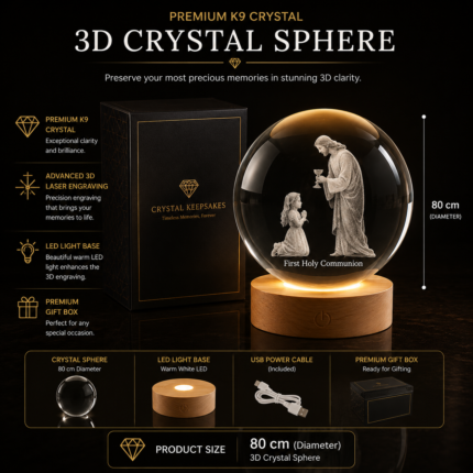 Personalized 3D crystal sphere crafted from premium K9 crystal featuring custom laser engraved photos, portraits, and keepsakes with LED light base and gift box, perfect for memorial gifts, First Holy Communion gifts, anniversary gifts, and personalized crystal keepsakes.