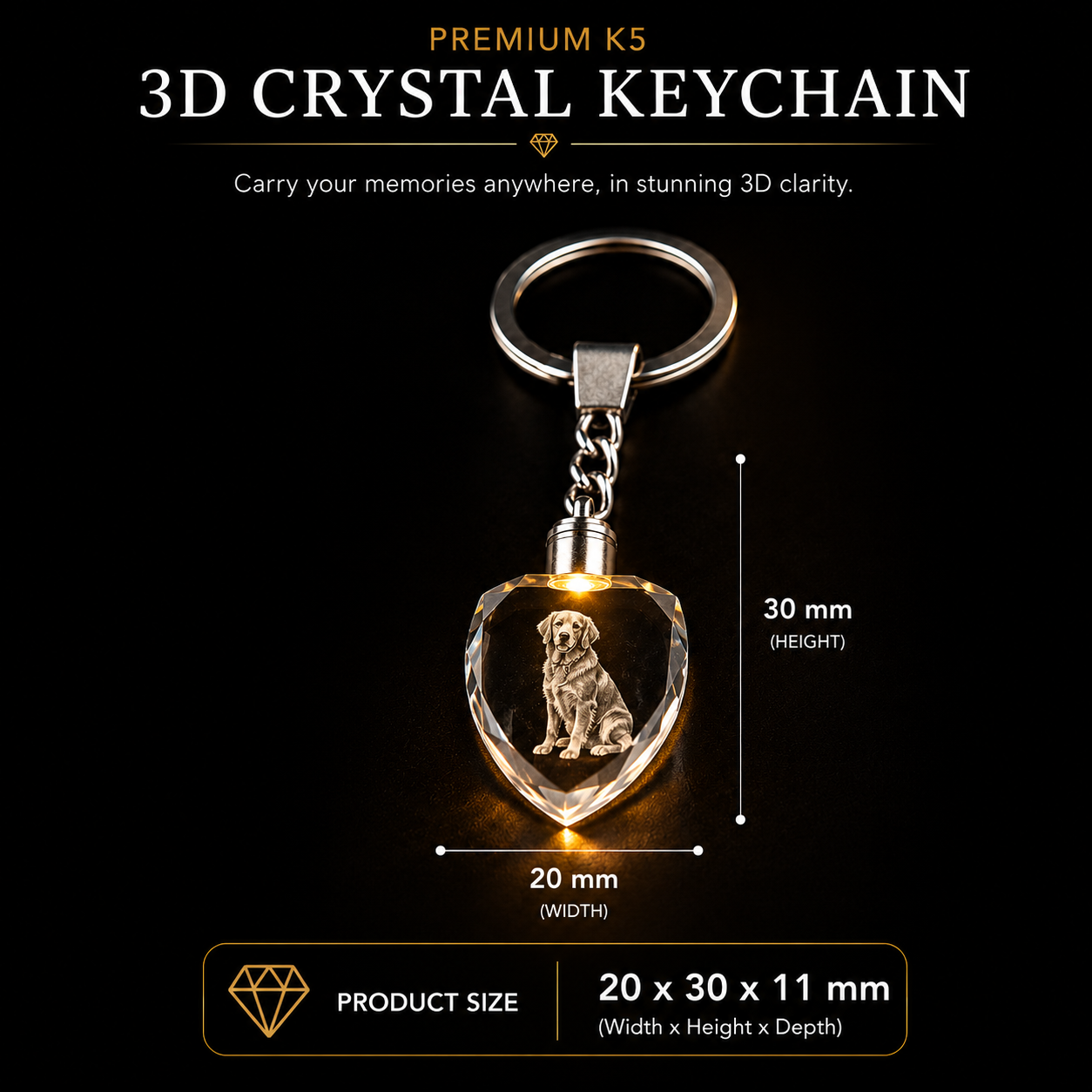 Personalized 3D Crystal Keychain 20x30mm | Custom K9 Crystal Photo Keychain with LED Light Personalized 3D crystal keychain 20x30mm crafted from premium K9 crystal featuring custom laser engraved photos, pet portraits, and keepsakes with built-in LED light, perfect for memorial gifts, pet remembrance gifts, and personalized photo keychains.