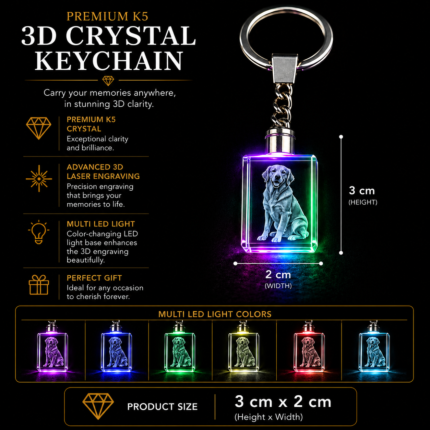 Personalized 3D crystal keychain with LED light, custom photo keychain engraved inside premium K9 crystal, memorial keychain, pet memorial gift, custom keepsake keychain, personalized gift for couples, family, and special occasions.