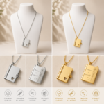 Personalized book locket necklace available in silver and gold stainless steel finishes. Mini book pendant necklace with heart cutout and custom engraving option, crafted from durable stainless steel. Elegant keepsake jewelry perfect for photo engraving, inspirational messages, anniversaries, birthdays, Mother's Day, Valentine's Day, and meaningful gifts for women.