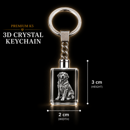 Personalized 3D crystal keychain with custom photo engraving inside premium K9 crystal, custom pet memorial keychain, personalized photo keychain, laser engraved crystal keepsake, memorial gift, anniversary gift, and custom crystal keychain for everyday carry.