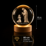 Personalized 3D crystal sphere 80mm crafted from premium K9 crystal featuring custom laser engraved photos, portraits, memorials, and keepsakes displayed on a warm LED light base for stunning crystal gift presentation.