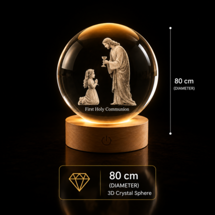 Personalized 3D crystal sphere 80mm crafted from premium K9 crystal featuring custom laser engraved photos, portraits, memorials, and keepsakes displayed on a warm LED light base for stunning crystal gift presentation.