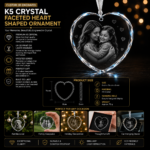 Personalized K5 crystal heart ornament with custom engraved family photo, faceted edges, and brilliant light-reflecting crystal design.