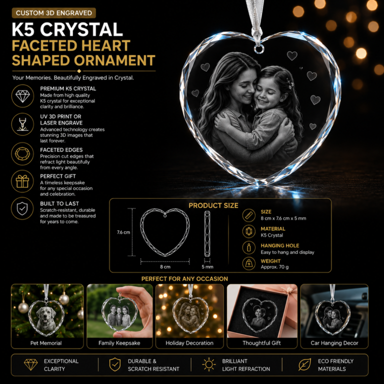 Personalized K5 crystal heart ornament with custom engraved family photo, faceted edges, and brilliant light-reflecting crystal design.