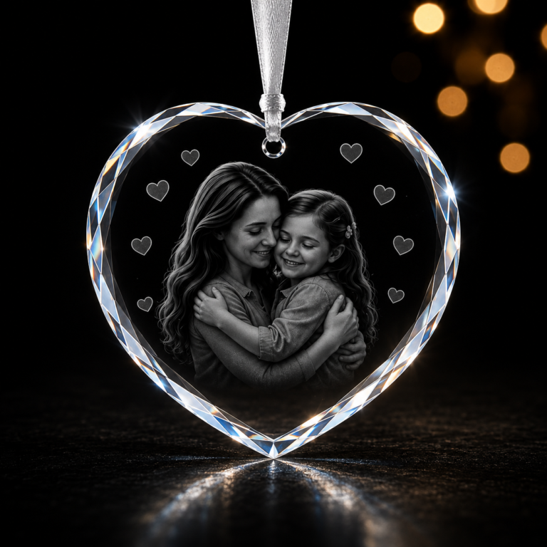 Personalized K5 crystal heart ornament with custom engraved family photo, faceted edges, and brilliant light-reflecting crystal design.