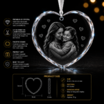 Personalized K5 crystal heart ornament with custom engraved family photo, faceted edges, and brilliant light-reflecting crystal design.
