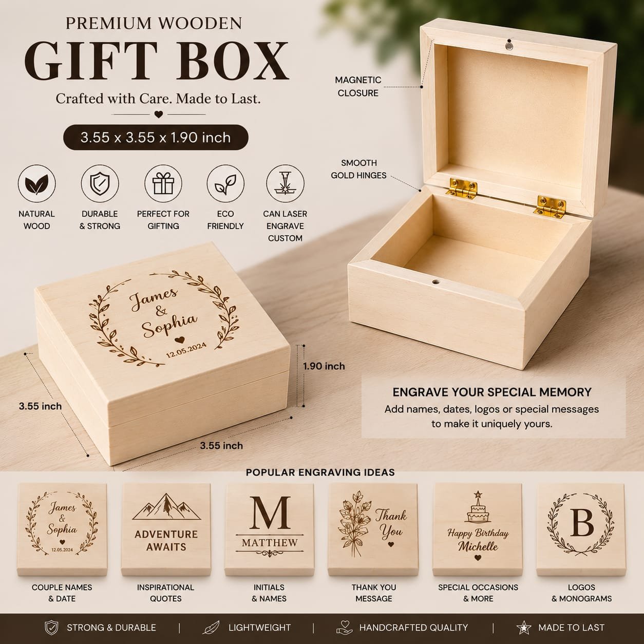 personalized-wooden-gift-box-custom-laser-engraved-keepsake-box Custom laser engraved wooden gift box with magnetic closure, natural wood finish, and personalized keepsake design for special occasions.